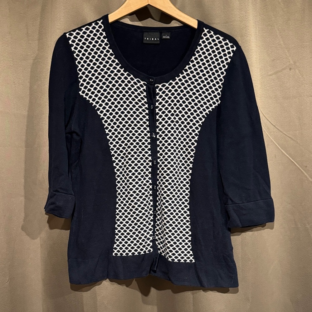 Tribal Navy Blue and White Patterned Cardigan